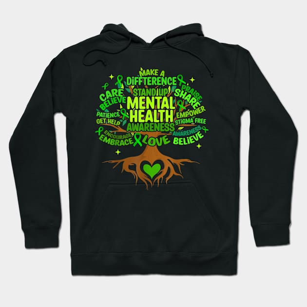 Mental Health Awareness Tree, Green Ribbon Hoodie by thavylanita